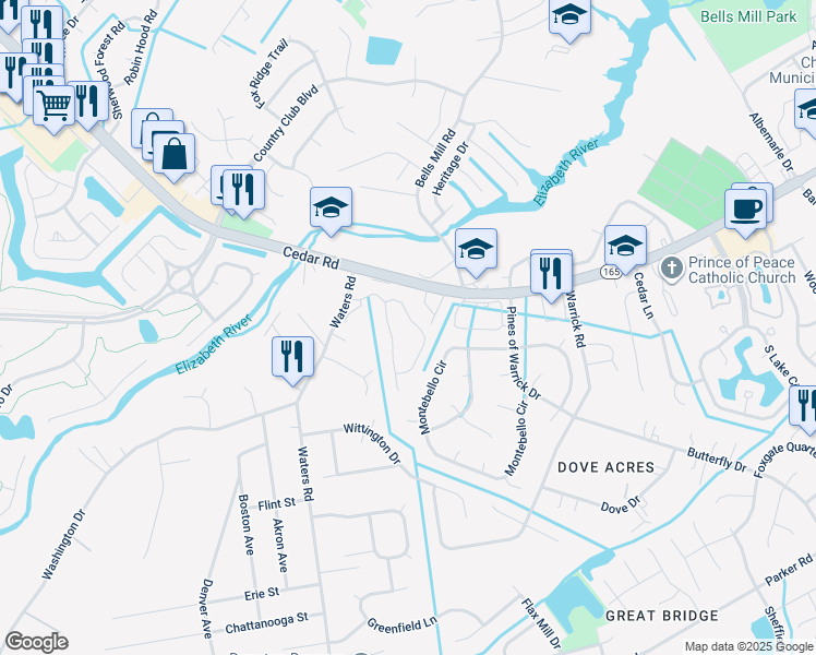 map of restaurants, bars, coffee shops, grocery stores, and more near 339 Faire Chase in Chesapeake
