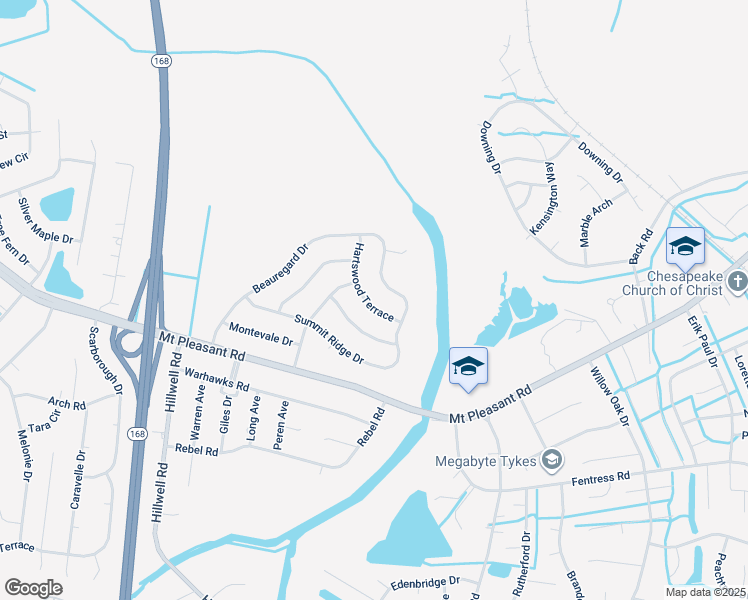 map of restaurants, bars, coffee shops, grocery stores, and more near 529 Hartswood Terrace in Chesapeake