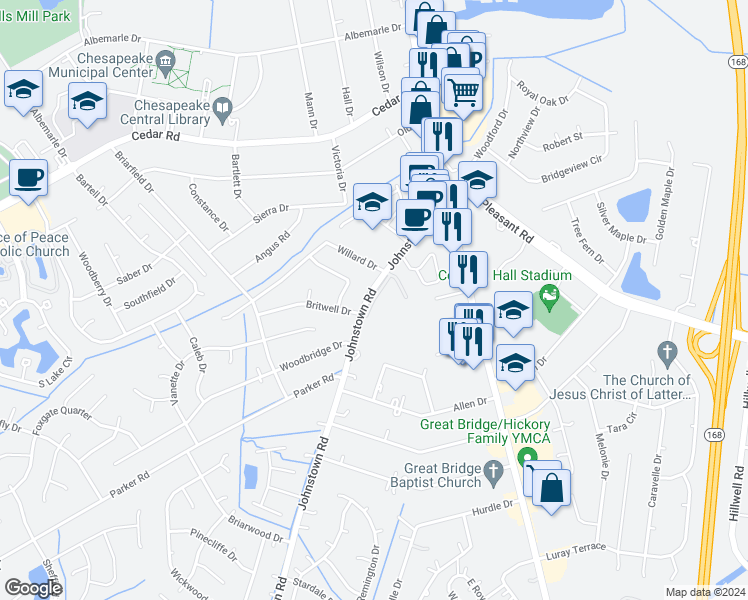map of restaurants, bars, coffee shops, grocery stores, and more near 101 Johnstown Crescent in Chesapeake