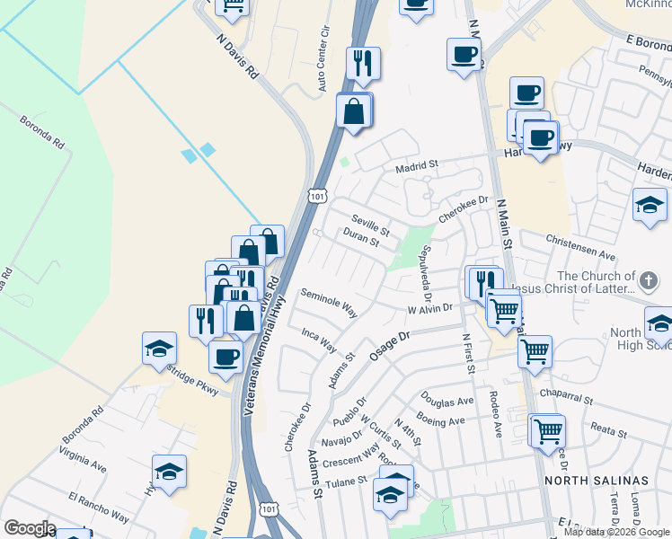 map of restaurants, bars, coffee shops, grocery stores, and more near 1516 Caceras Circle in Salinas