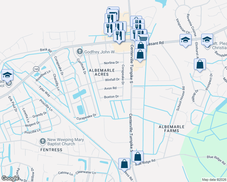 map of restaurants, bars, coffee shops, grocery stores, and more near 1420 Avon Road in Chesapeake