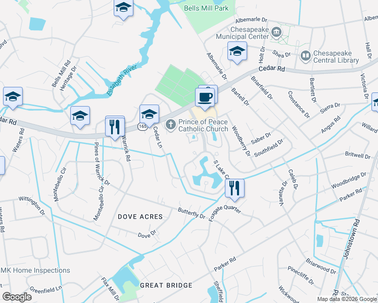 map of restaurants, bars, coffee shops, grocery stores, and more near 812 West Lake Circle in Chesapeake