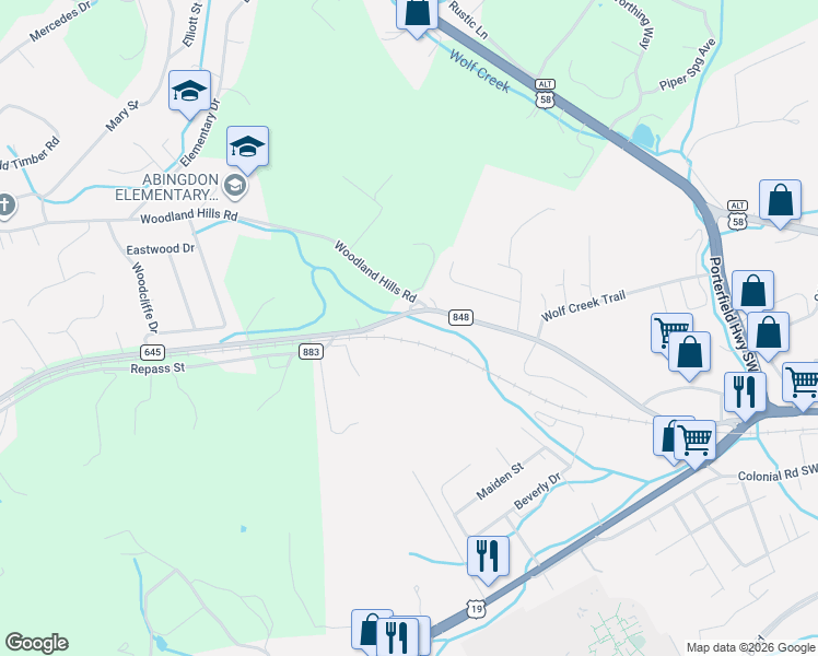 map of restaurants, bars, coffee shops, grocery stores, and more near 660 Wyndale Rd in Abingdon