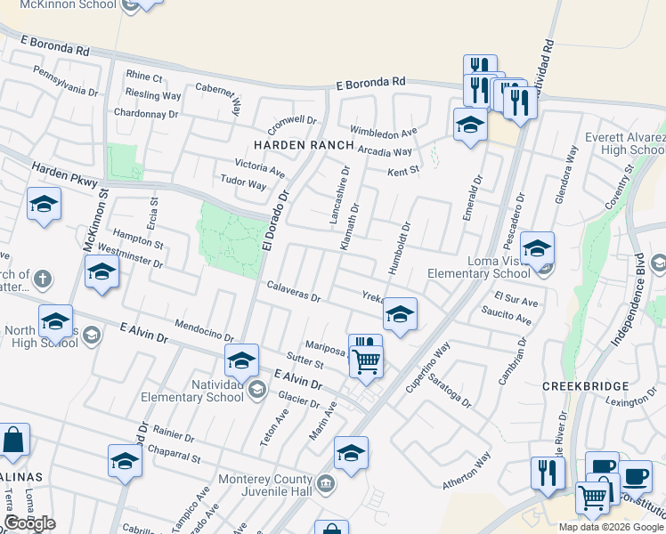 map of restaurants, bars, coffee shops, grocery stores, and more near 1667 Klamath Drive in Salinas