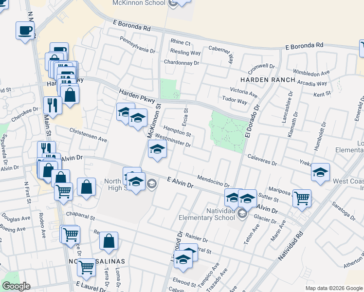 map of restaurants, bars, coffee shops, grocery stores, and more near 1520 Cambridge Court in Salinas