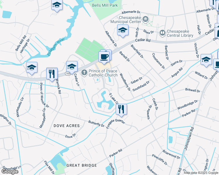map of restaurants, bars, coffee shops, grocery stores, and more near 512 Deal Island Court in Chesapeake