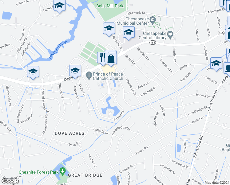 map of restaurants, bars, coffee shops, grocery stores, and more near 512 Deal Island Court in Chesapeake
