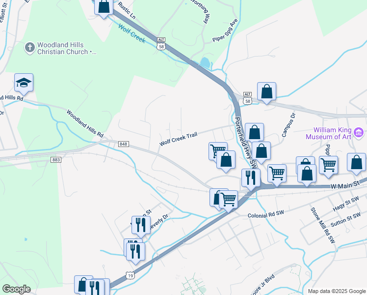 map of restaurants, bars, coffee shops, grocery stores, and more near 860 Wolf Creek Trail in Abingdon