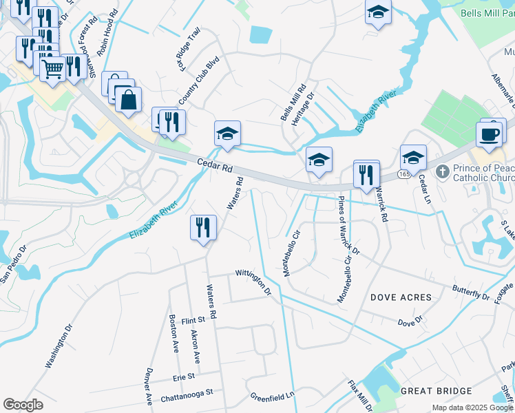 map of restaurants, bars, coffee shops, grocery stores, and more near 302 Middle Oaks Drive in Chesapeake
