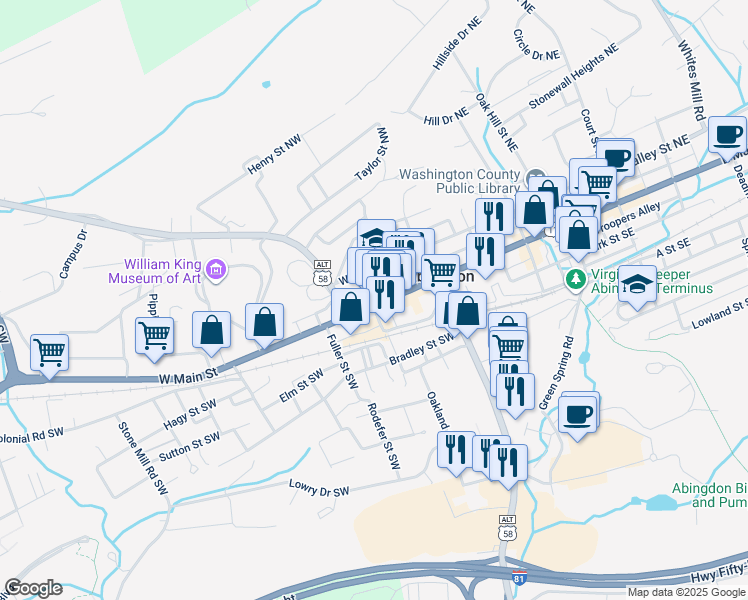 map of restaurants, bars, coffee shops, grocery stores, and more near 266 Valley Street Northwest in Abingdon