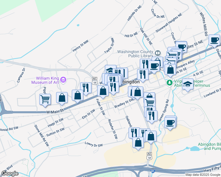 map of restaurants, bars, coffee shops, grocery stores, and more near 266 Valley Street Northwest in Abingdon