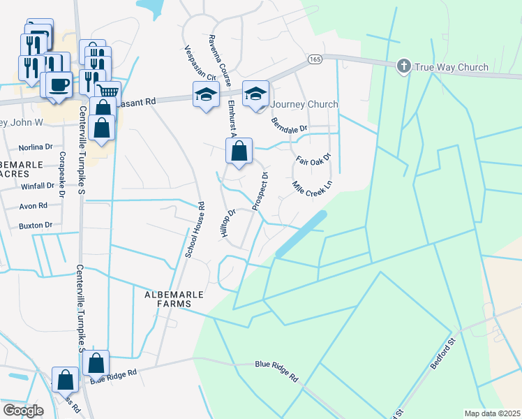 map of restaurants, bars, coffee shops, grocery stores, and more near 1648 Prospect Drive in Chesapeake