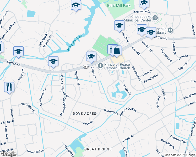 map of restaurants, bars, coffee shops, grocery stores, and more near 311 Cedar Lane in Chesapeake