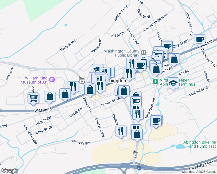 map of restaurants, bars, coffee shops, grocery stores, and more near in Abingdon