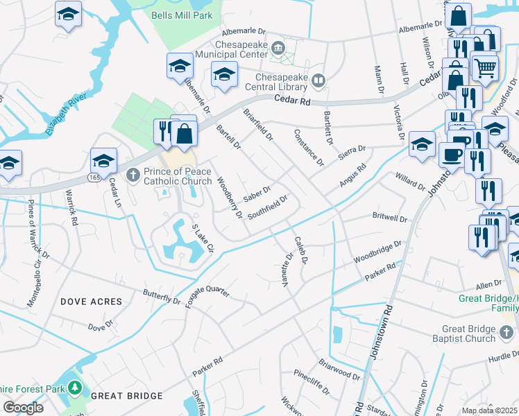 map of restaurants, bars, coffee shops, grocery stores, and more near 520 Southfield Drive in Chesapeake