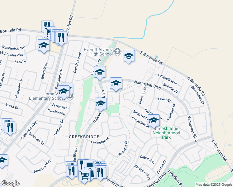map of restaurants, bars, coffee shops, grocery stores, and more near 1714 Burlington Drive in Salinas