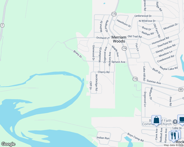 map of restaurants, bars, coffee shops, grocery stores, and more near 7027 Cherry Rd in Merriam Woods