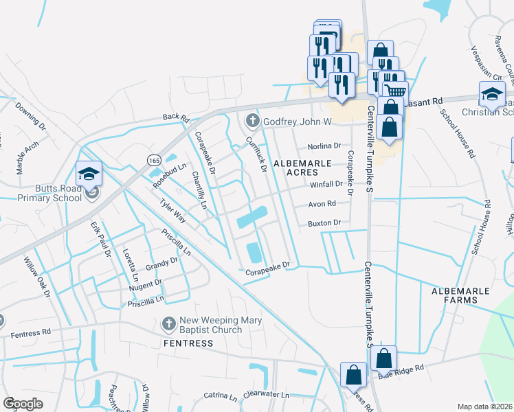 map of restaurants, bars, coffee shops, grocery stores, and more near 1325 Winfall Drive in Chesapeake