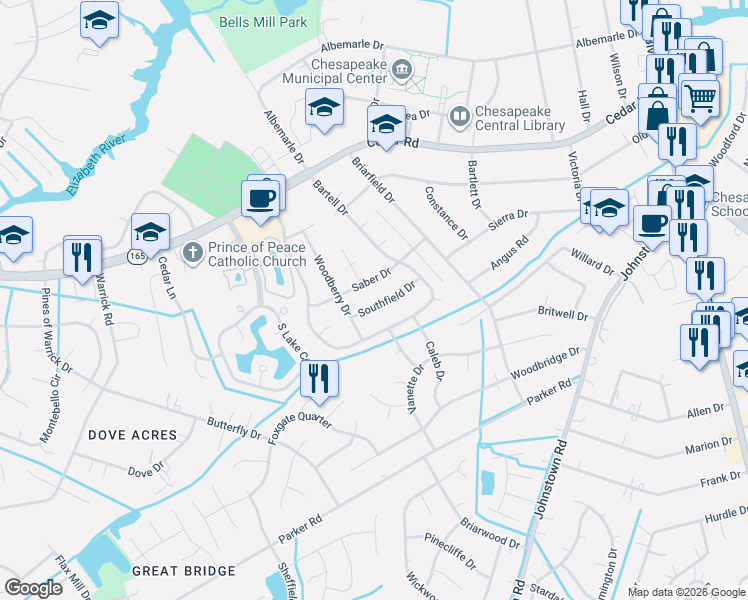 map of restaurants, bars, coffee shops, grocery stores, and more near 517 Saber Drive in Chesapeake