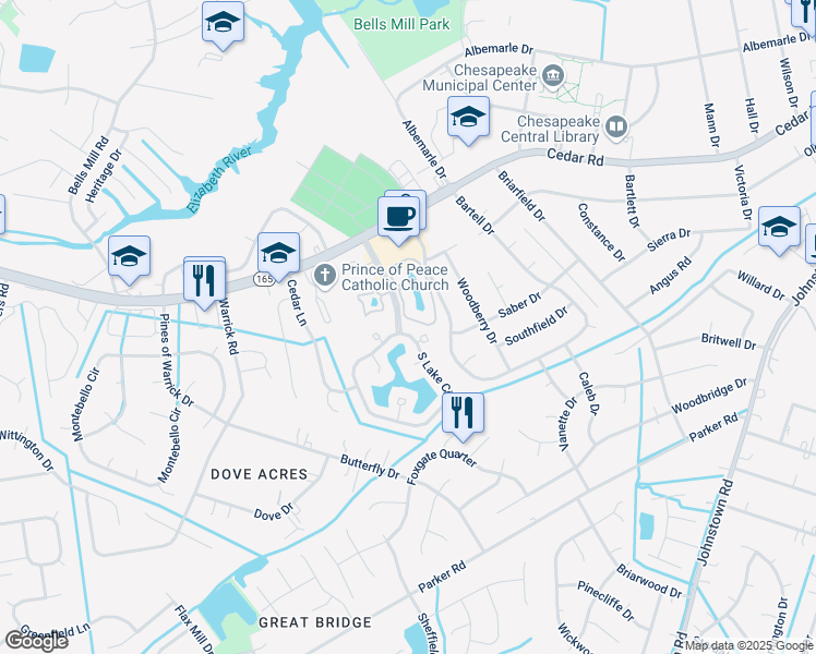 map of restaurants, bars, coffee shops, grocery stores, and more near 535 East Lake Circle in Chesapeake