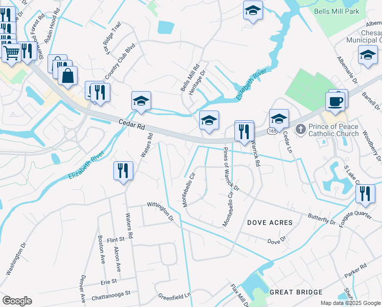 map of restaurants, bars, coffee shops, grocery stores, and more near 424 Charleston Street in Chesapeake