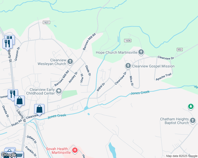 map of restaurants, bars, coffee shops, grocery stores, and more near 19 Palace Court in Martinsville