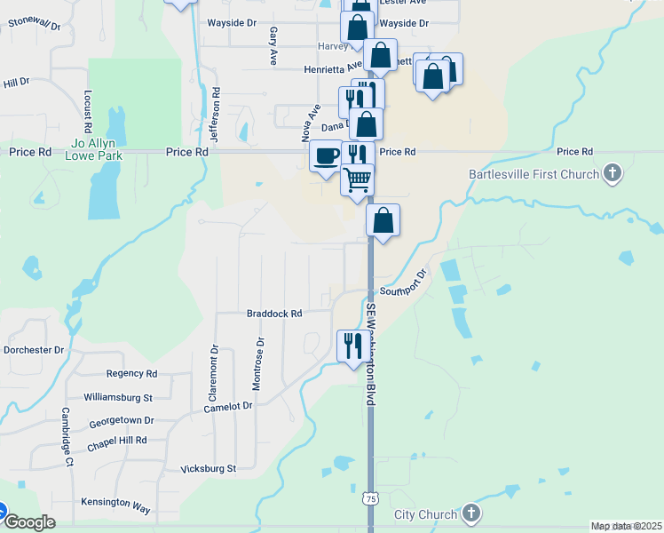 map of restaurants, bars, coffee shops, grocery stores, and more near 2633 Mission Drive in Bartlesville