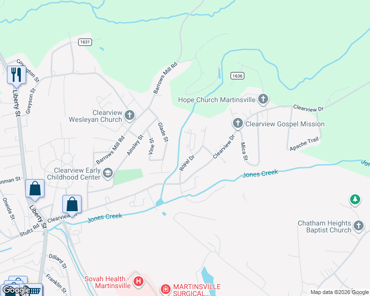 map of restaurants, bars, coffee shops, grocery stores, and more near 905 Palace Court in Martinsville