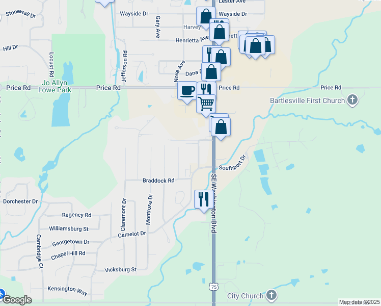 map of restaurants, bars, coffee shops, grocery stores, and more near 2633 Mission Drive in Bartlesville