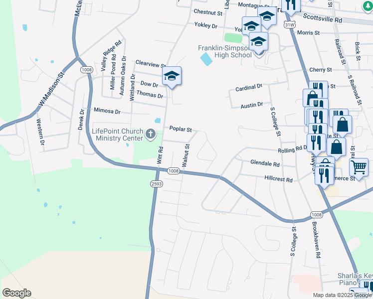 map of restaurants, bars, coffee shops, grocery stores, and more near 805 Walnut Street in Franklin