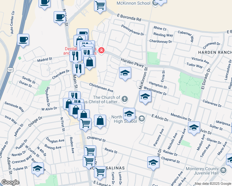 map of restaurants, bars, coffee shops, grocery stores, and more near 179 Christensen Avenue in Salinas