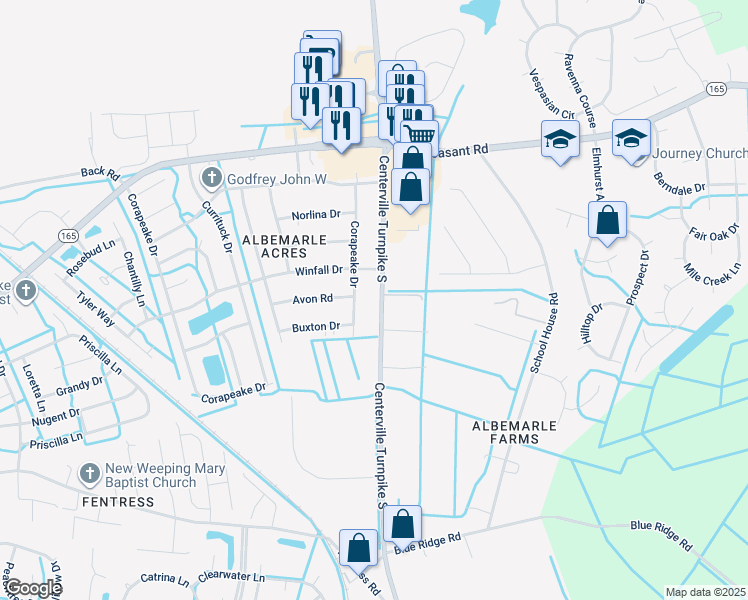 map of restaurants, bars, coffee shops, grocery stores, and more near 509 Corapeake Drive in Chesapeake