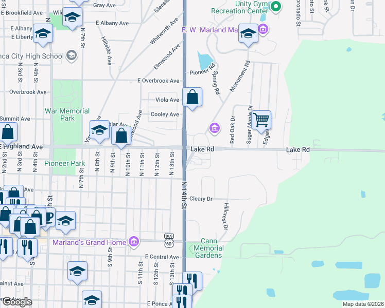 map of restaurants, bars, coffee shops, grocery stores, and more near 1500 Lake Rd in Ponca City