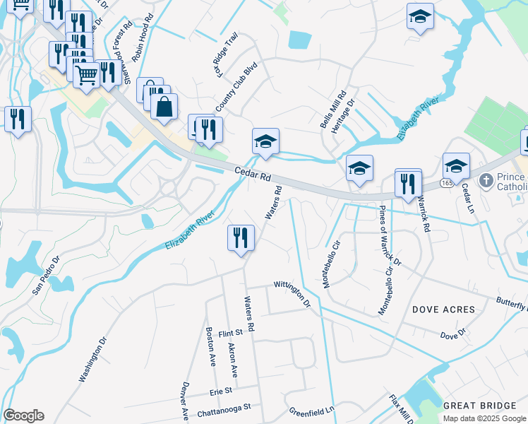 map of restaurants, bars, coffee shops, grocery stores, and more near 344 Waters Road in Chesapeake