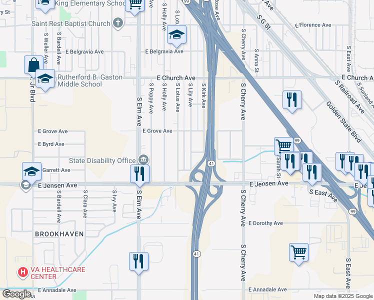 map of restaurants, bars, coffee shops, grocery stores, and more near 2531 South Lotus Avenue in Fresno