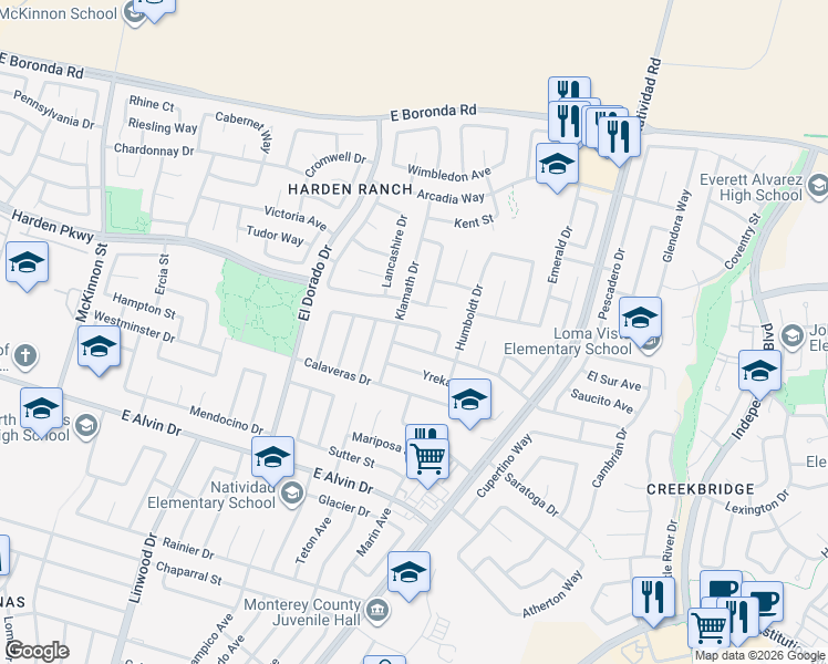 map of restaurants, bars, coffee shops, grocery stores, and more near 1719 Siskiyou Drive in Salinas
