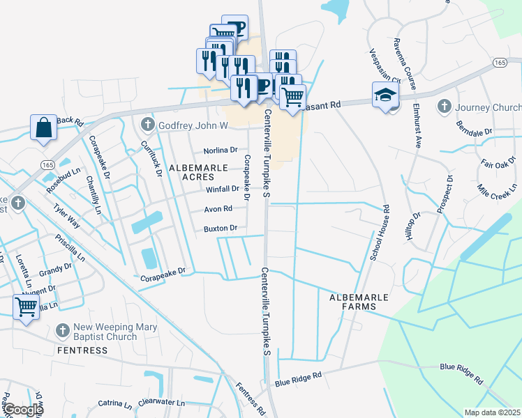 map of restaurants, bars, coffee shops, grocery stores, and more near 509 Corapeake Drive in Chesapeake