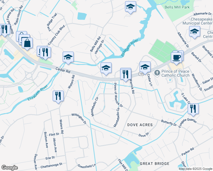 map of restaurants, bars, coffee shops, grocery stores, and more near in Chesapeake