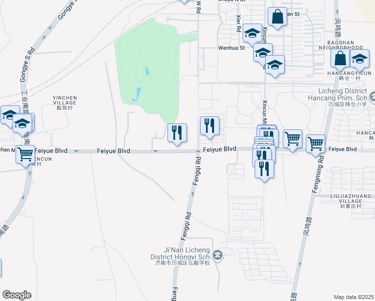 map of restaurants, bars, coffee shops, grocery stores, and more near Fei Yue Da Dao in Ji Nan Shi