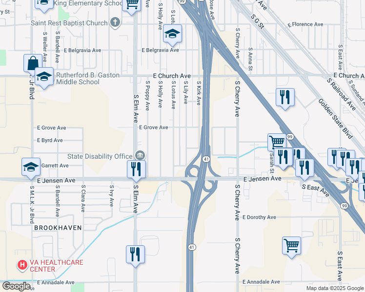 map of restaurants, bars, coffee shops, grocery stores, and more near 2531 South Lotus Avenue in Fresno