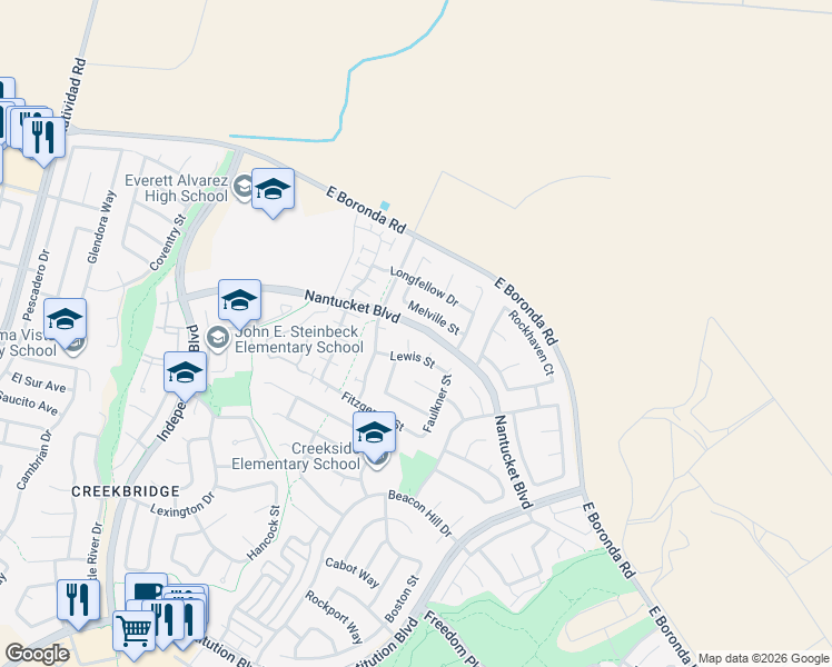 map of restaurants, bars, coffee shops, grocery stores, and more near 1046 Melville Street in Salinas