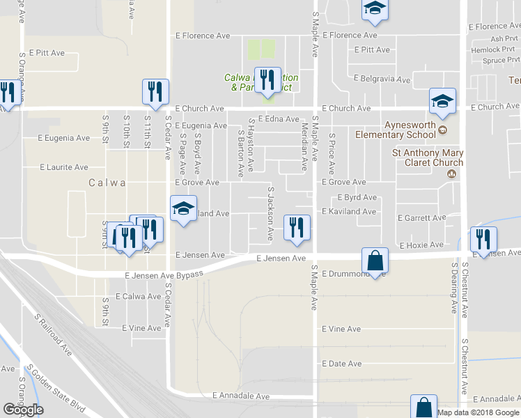 map of restaurants, bars, coffee shops, grocery stores, and more near 4521 East Kaviland Avenue in Fresno