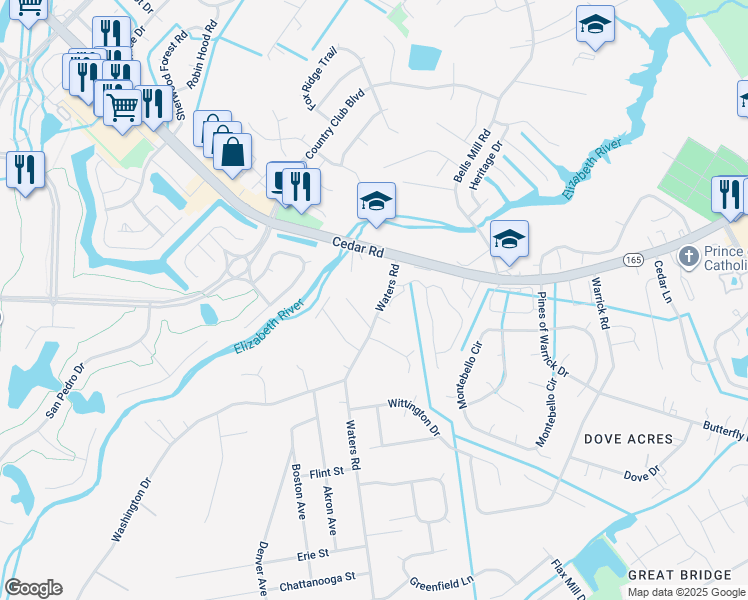 map of restaurants, bars, coffee shops, grocery stores, and more near 344 Waters Road in Chesapeake