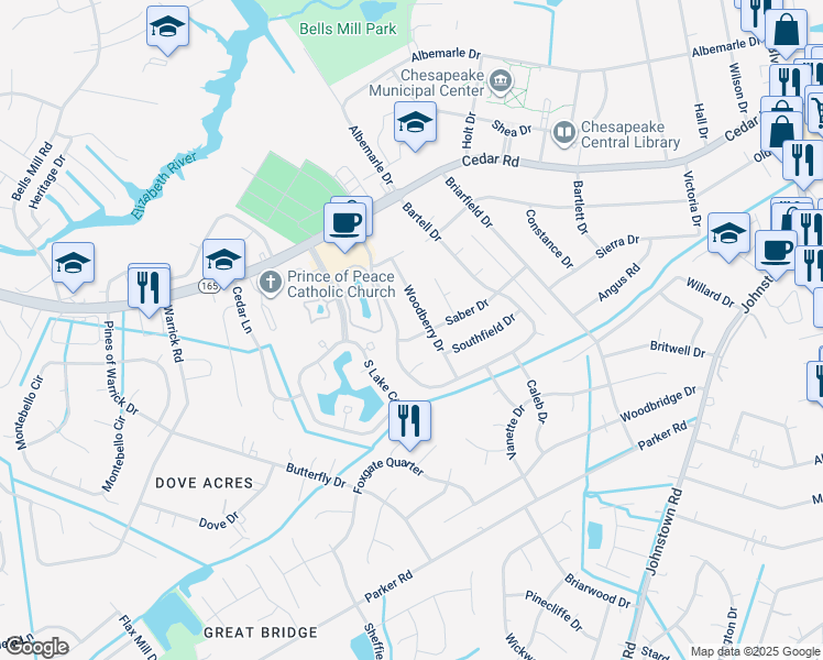 map of restaurants, bars, coffee shops, grocery stores, and more near 604 Saber Drive in Chesapeake