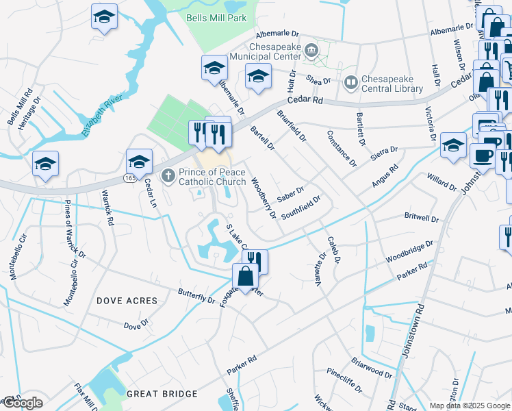 map of restaurants, bars, coffee shops, grocery stores, and more near 604 Saber Drive in Chesapeake
