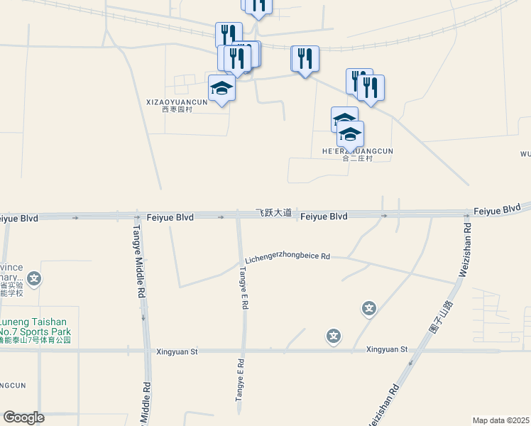 map of restaurants, bars, coffee shops, grocery stores, and more near Fei Yue Da Dao in Ji Nan Shi