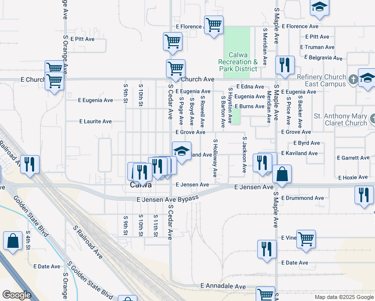 map of restaurants, bars, coffee shops, grocery stores, and more near 2569 South Page Avenue in Fresno