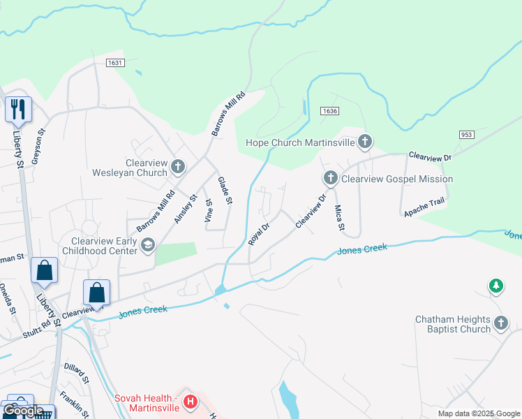 map of restaurants, bars, coffee shops, grocery stores, and more near 19 Palace Court in Martinsville