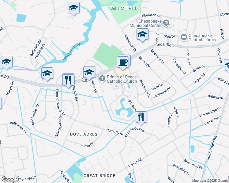 map of restaurants, bars, coffee shops, grocery stores, and more near 802 West Lake Circle in Chesapeake