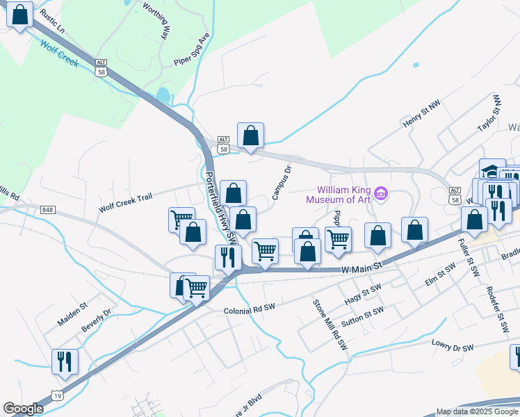 map of restaurants, bars, coffee shops, grocery stores, and more near 673 McBroom Street Northwest in Abingdon